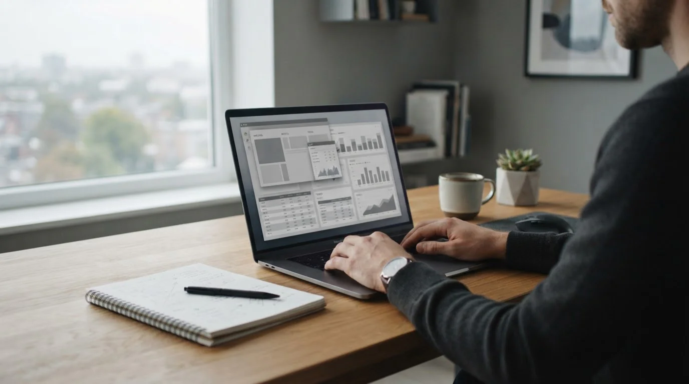 Arbeitsplatz mit Laptop und Dokumenten zur Analyse von Buchmachern