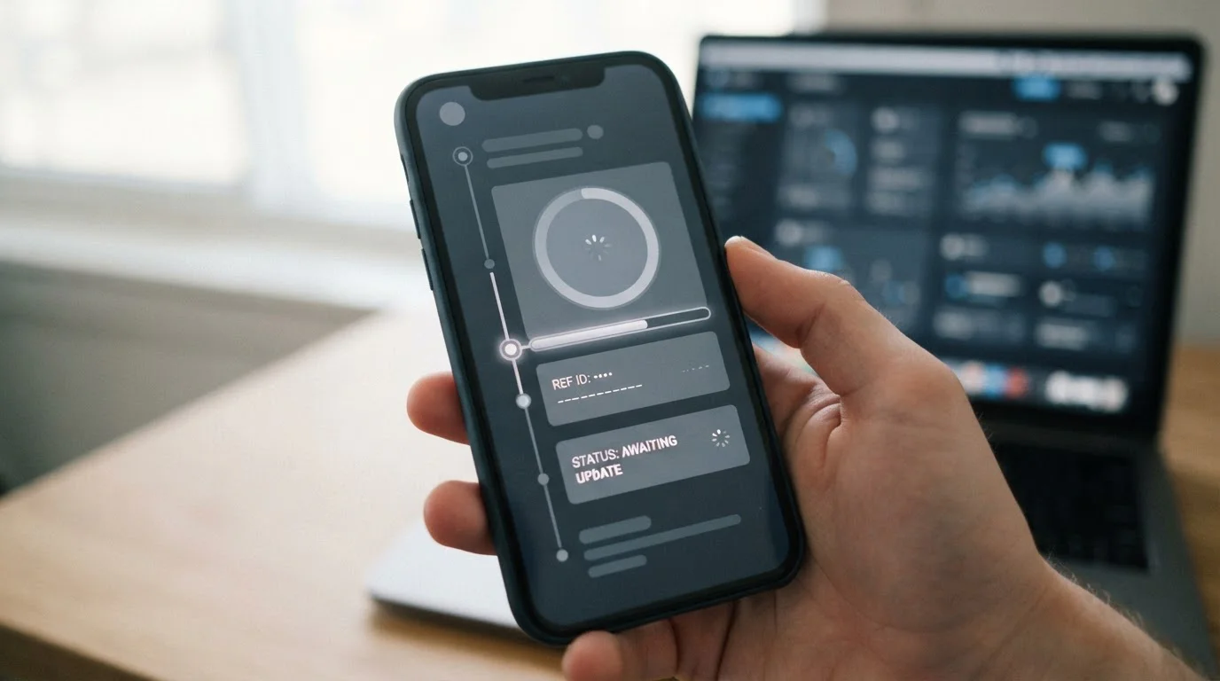 Smartphone zeigt abstrakte Transaktionsübersicht mit Zeitangaben und neutralen Datenfeldern