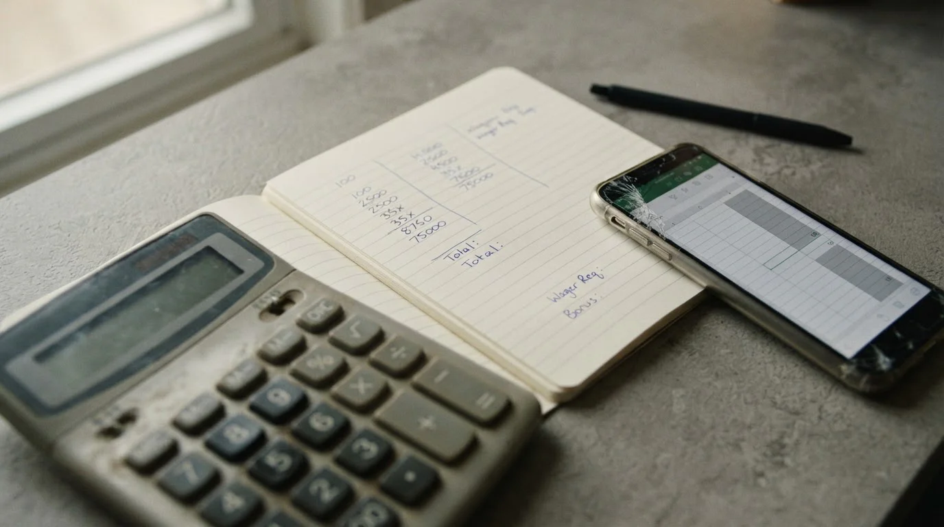 Kalkulation von Wettbonus und Umsatzanforderungen mit Taschenrechner und Notizen