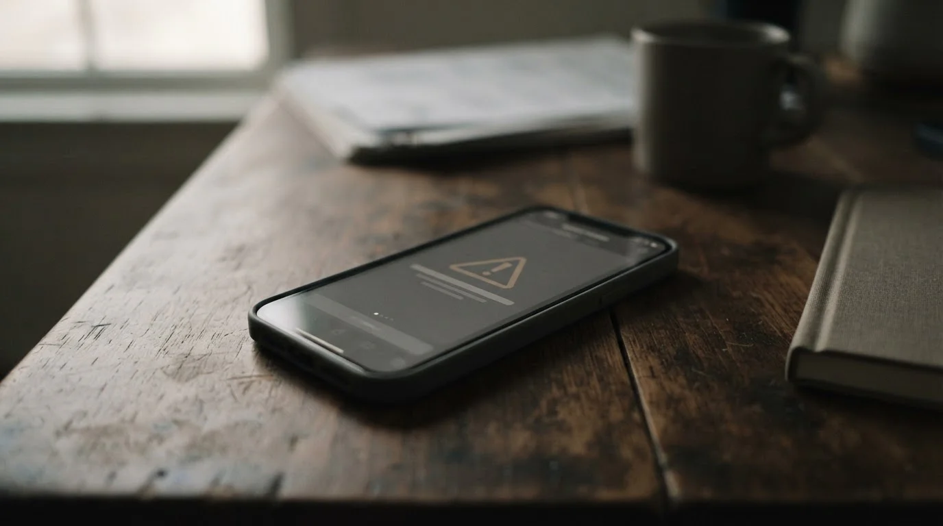 Smartphone mit Warnhinweis-Symbol und gedämpfter Atmosphäre als Metapher für verantwortungsvolles Spielen