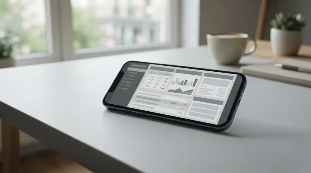 Smartphone mit neutraler Wett-App-Oberfläche auf minimalistischem Schreibtisch