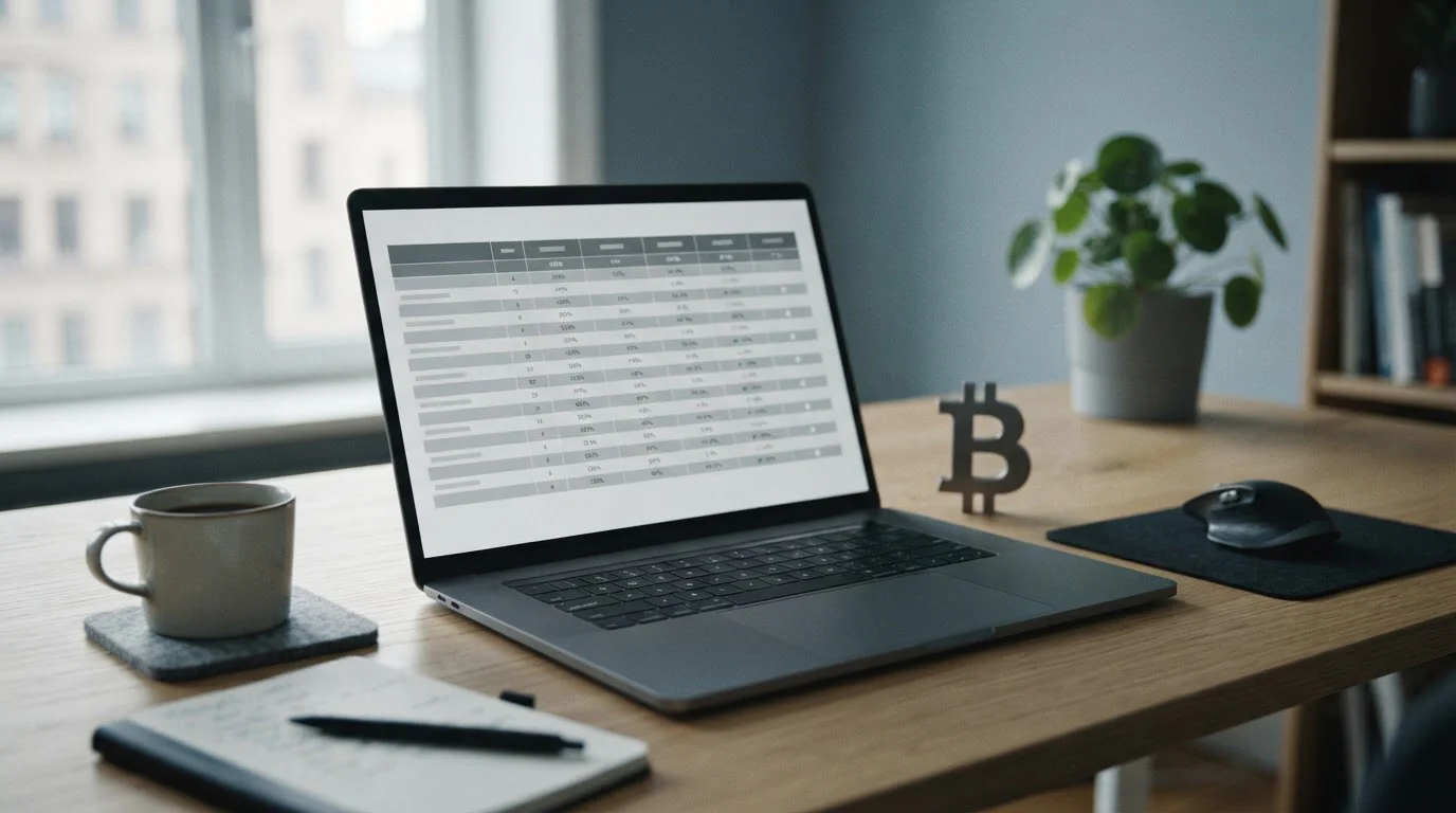 Laptop mit Vergleichstabelle für Bitcoin-Wettanbieter und Bitcoin-Symbol auf neutralem Hintergrund