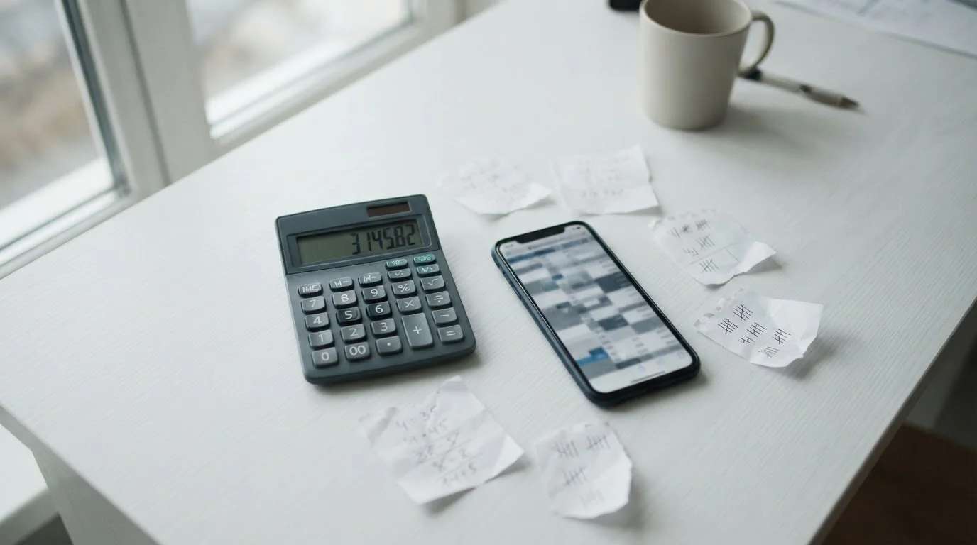Taschenrechner und Smartphone mit nüchterner Darstellung der Sportwetten-Mathematik