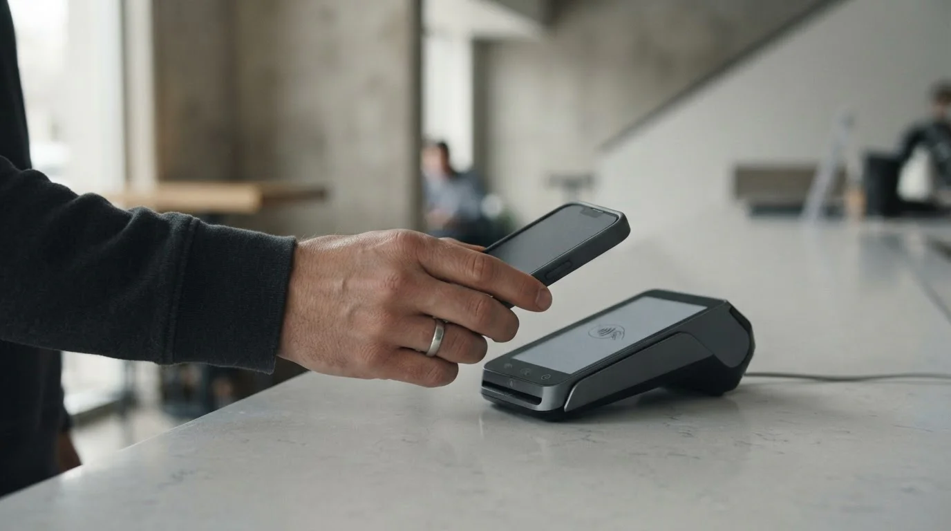 Hand mit iPhone beim Bezahlvorgang über kontaktlose Schnittstelle