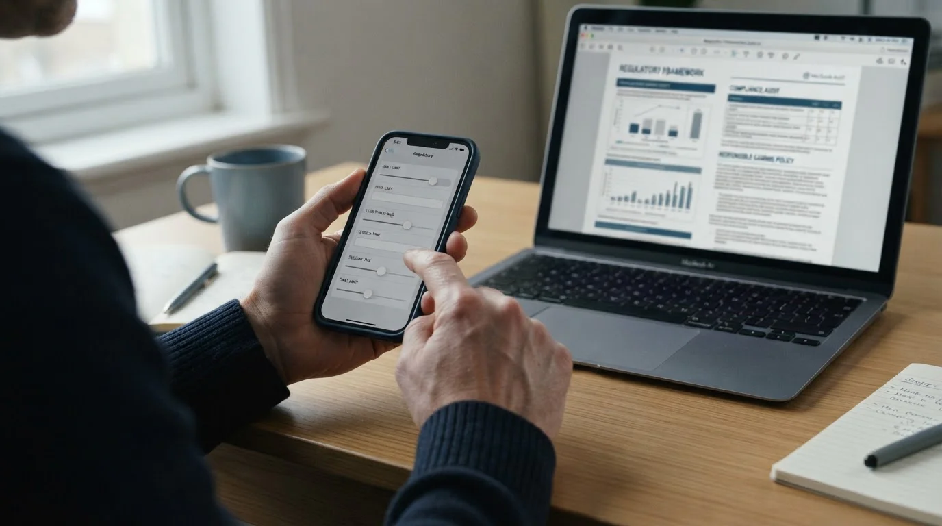 Hand stellt Einzahlungslimit an Smartphone ein, regulatorischer Rahmen