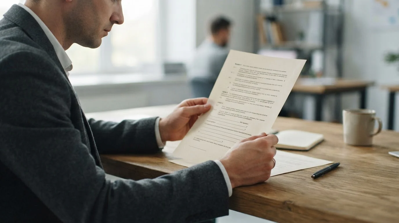 Dokument mit abstrakten Paragrafenzeichen und Zahlenangaben auf Schreibtisch