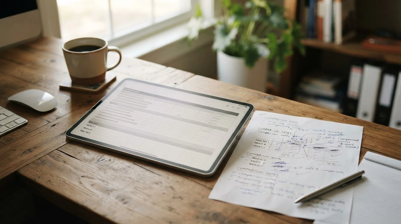 Arbeitsplatz mit Tablet und Notizen für den systematischen Vergleich von Wettanbietern