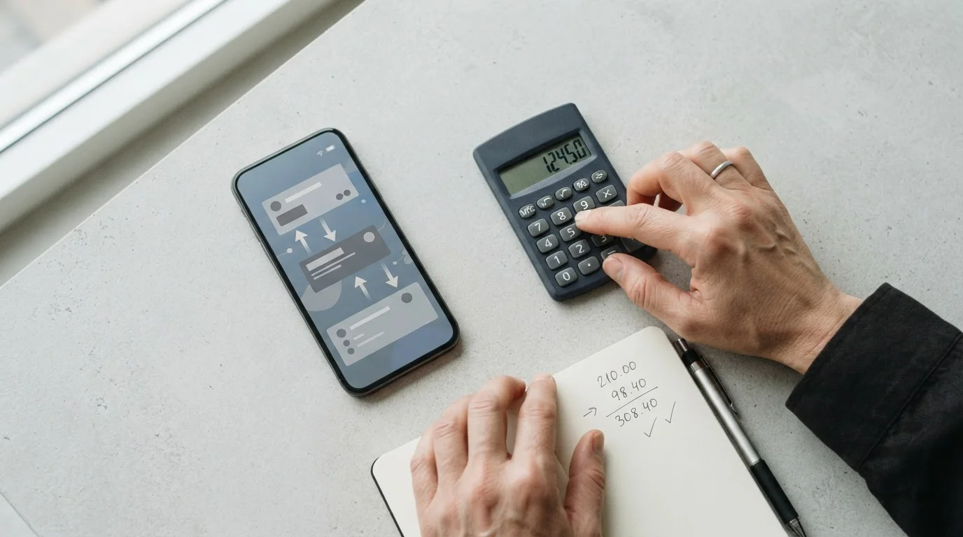 Smartphone mit Zahlungs-Interface und Taschenrechner für Gebührenberechnung