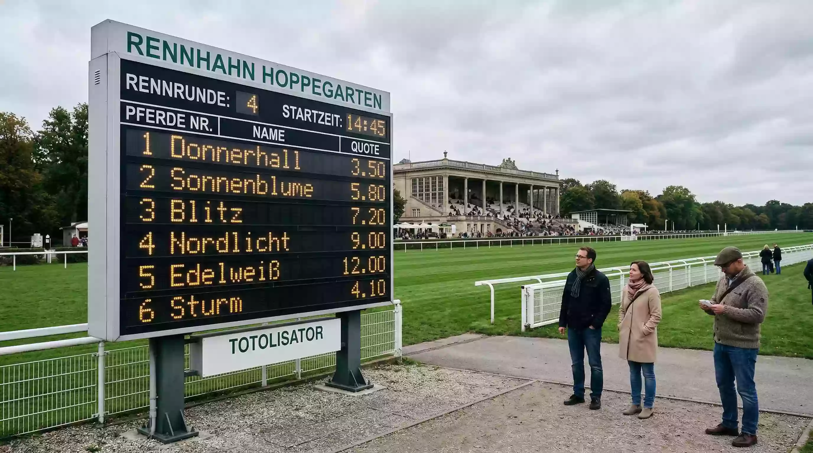 Deutsche Galopprennbahn mit Zuschauern und Totalisator-Anzeige