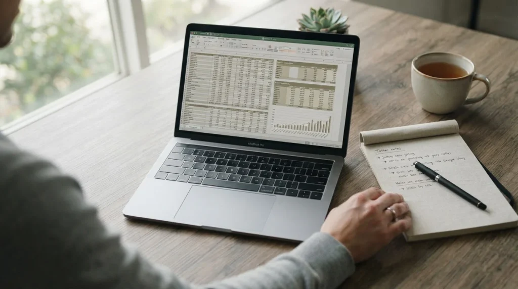Professioneller Arbeitsplatz mit Laptop und Analyse-Dokumenten zum Vergleich von Sportwetten-Anbietern