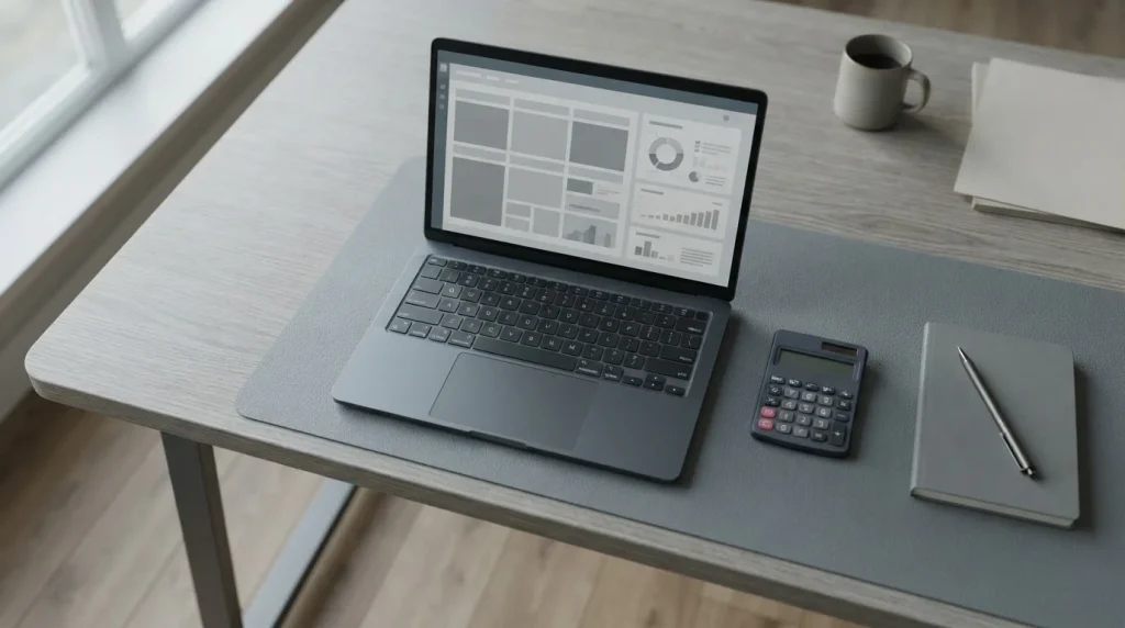 Schreibtisch mit Laptop und Taschenrechner zur Analyse steuerfreier Wettanbieter
