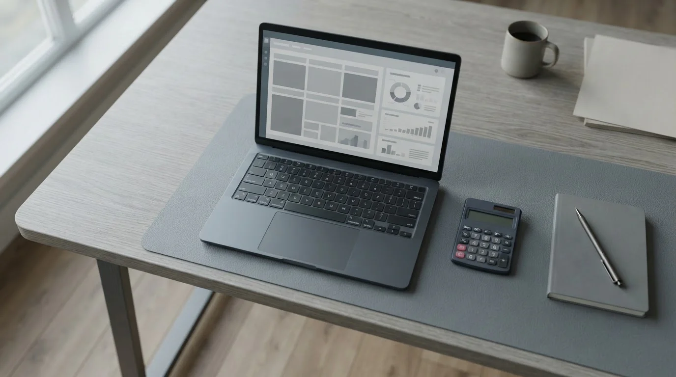 Schreibtisch mit Laptop und Taschenrechner zur Analyse steuerfreier Wettanbieter