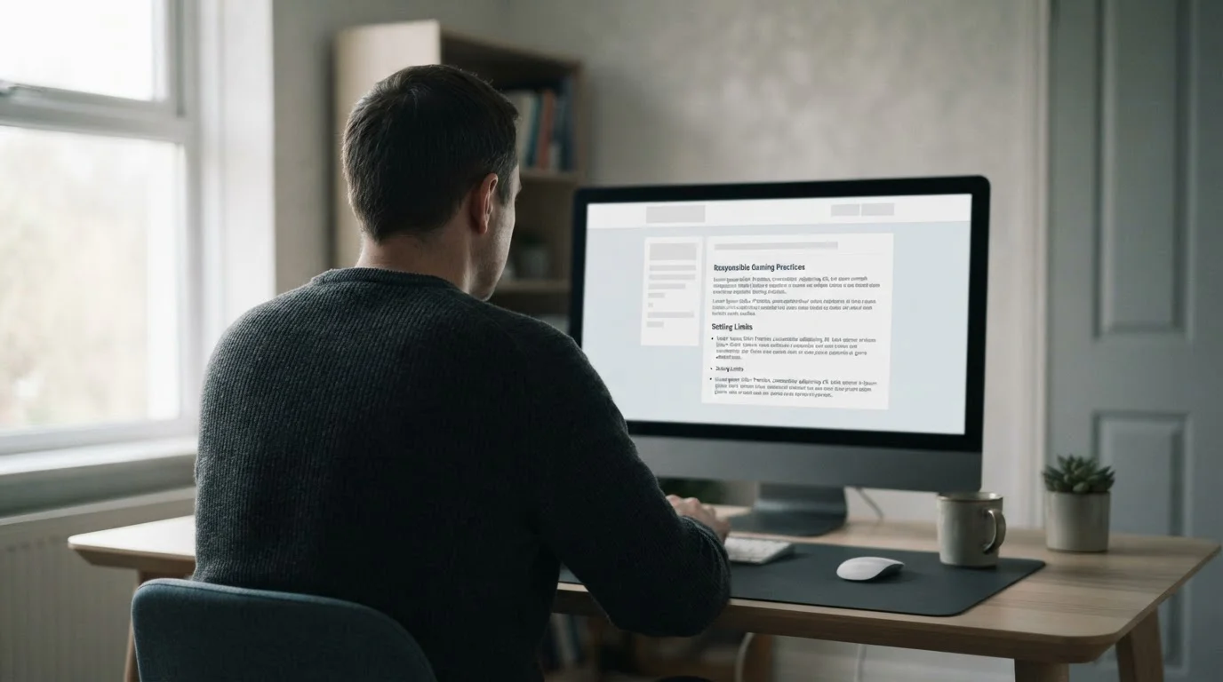 Person liest Informationen zu verantwortungsvollem Spielen auf Computer-Bildschirm