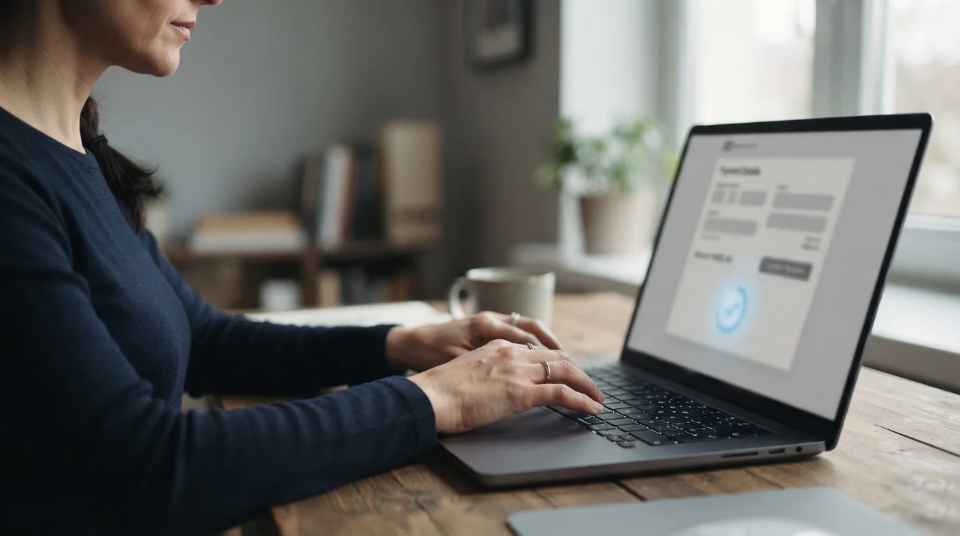 Person tippt Zahlungsdaten in neutrales Online-Formular an einem Laptop ein