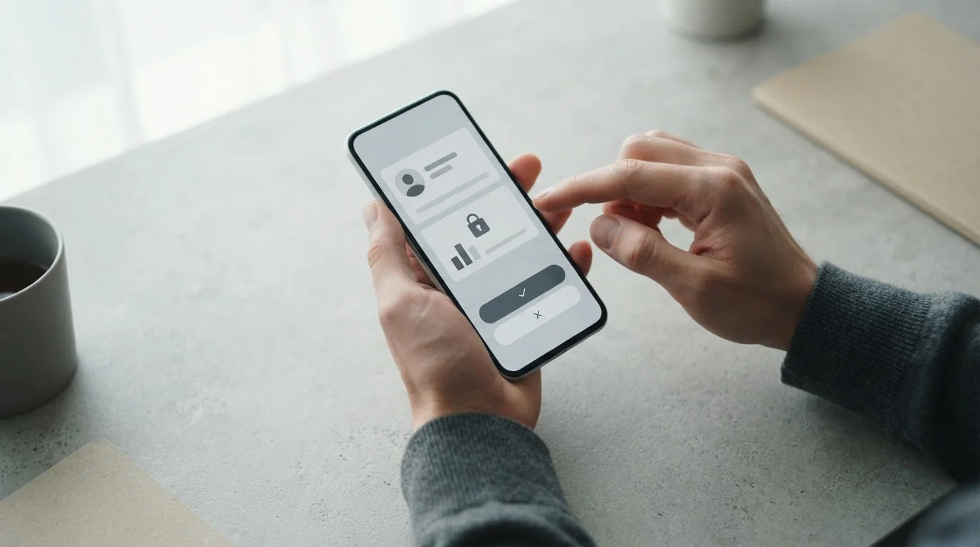 Hände bedienen Smartphone mit abstraktem Zahlungsmenü und Auszahlungsoptionen