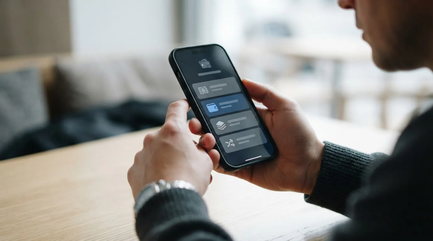 Smartphone mit verschiedenen abstrakten Zahlungsoptionen auf neutralem Bildschirm
